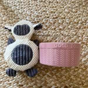 Dog Plush Sheep Toy and Pink 'Good Dog' Ceramic Bowl Set